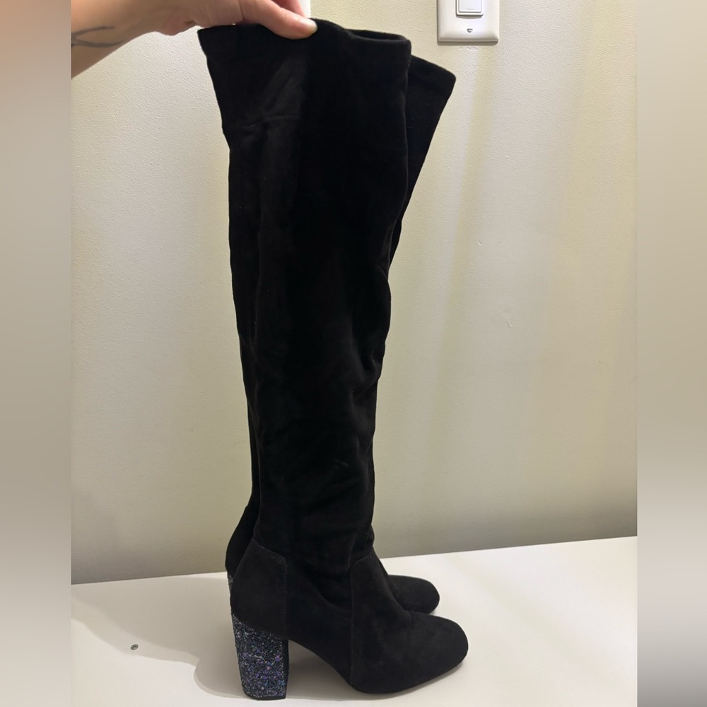 Black Suede over the knee Boots with Glitter Heel